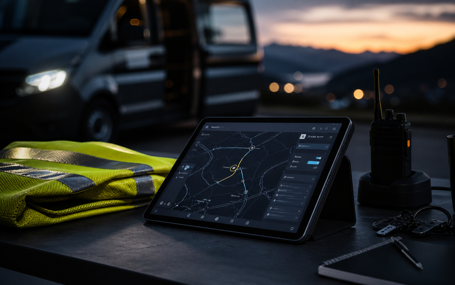 Planungsszene mit Tablet, Sicherheitsweste und Arbeitsmaterial