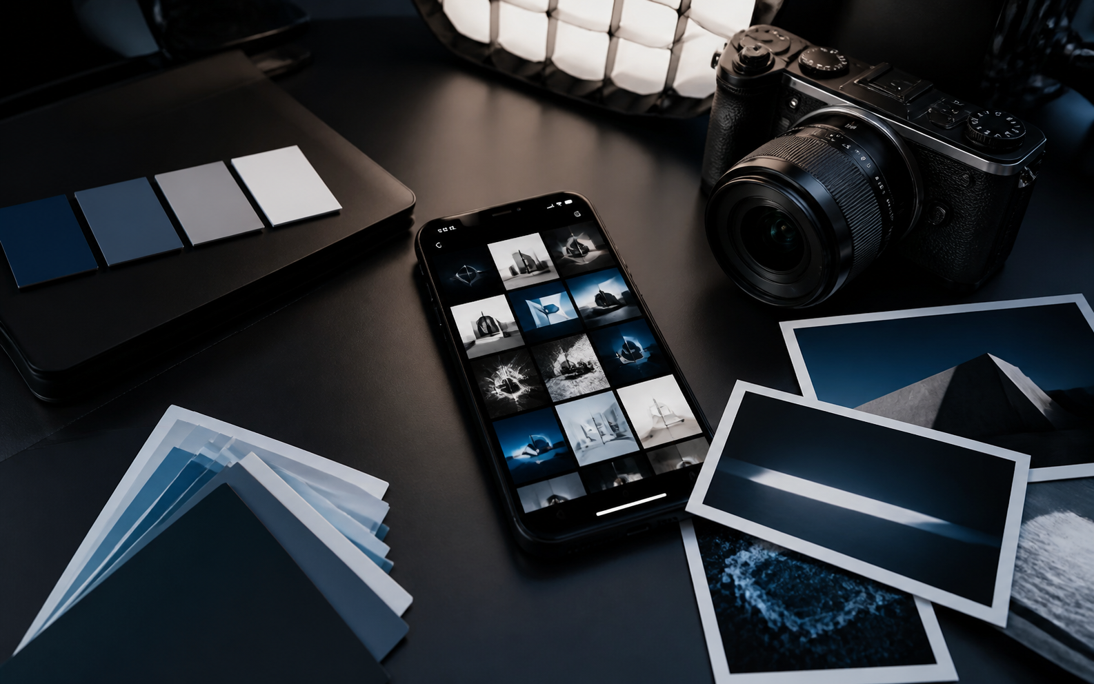 Social-Media-Produktion mit Smartphone, Kamera und Fotoabzügen