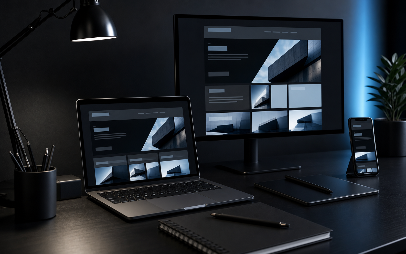 Dunkler Webdesign-Arbeitsplatz mit Bildschirm und Smartphone